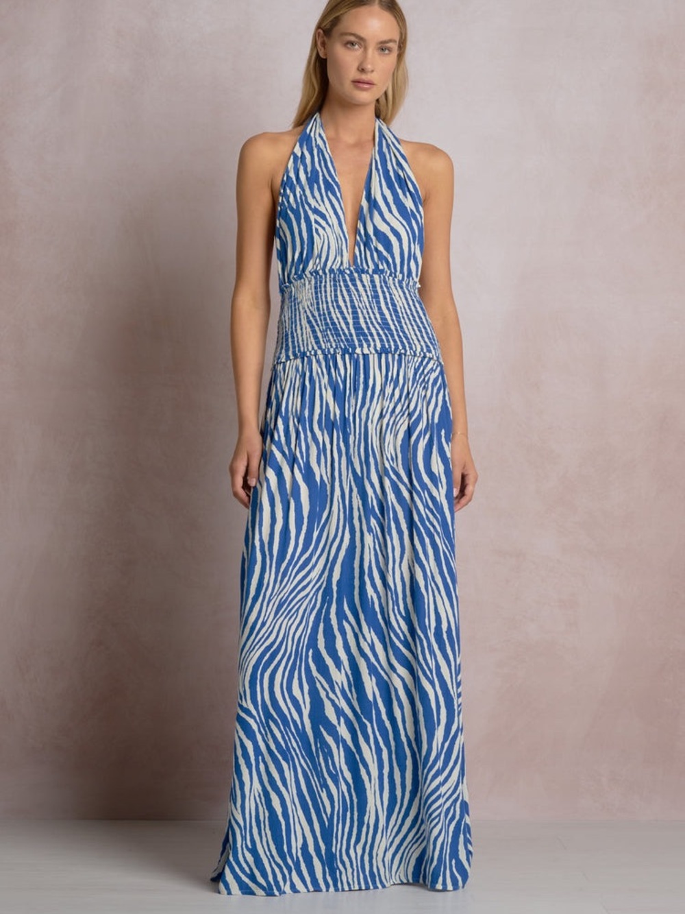 Blue & White Halter Zebra-Print Maxi Dress